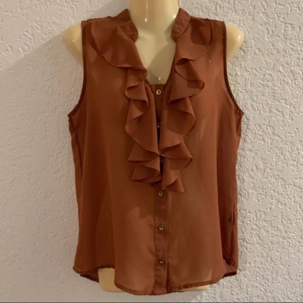 Mine Womens Top Blouse Ruffle Shirt Polyester Gold Buttons Orange Size Medium